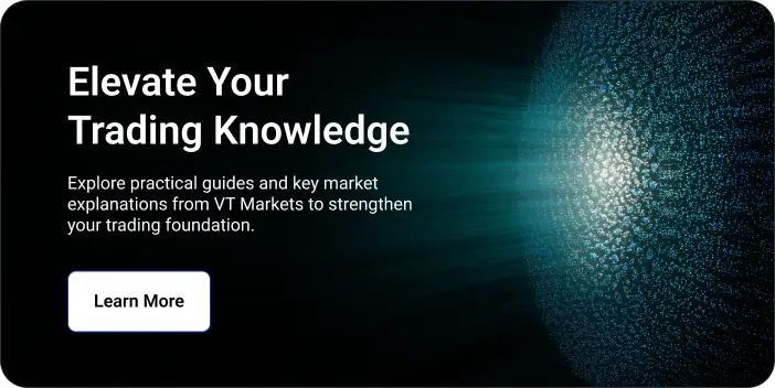Hero banner promoting trading education: bold headline 'Elevate Your Trading Knowledge' with a 'Learn More' button on the left and a teal dotted sphere glow on the right against a dark gradient background.