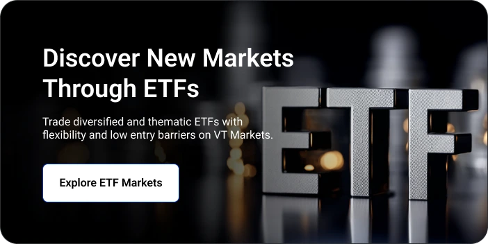 Hero banner promoting ETFs: 'Discover New Markets Through ETFs' with CTA 'Explore ETF Markets'; blurred city lights and large metallic ETF letters on the right.