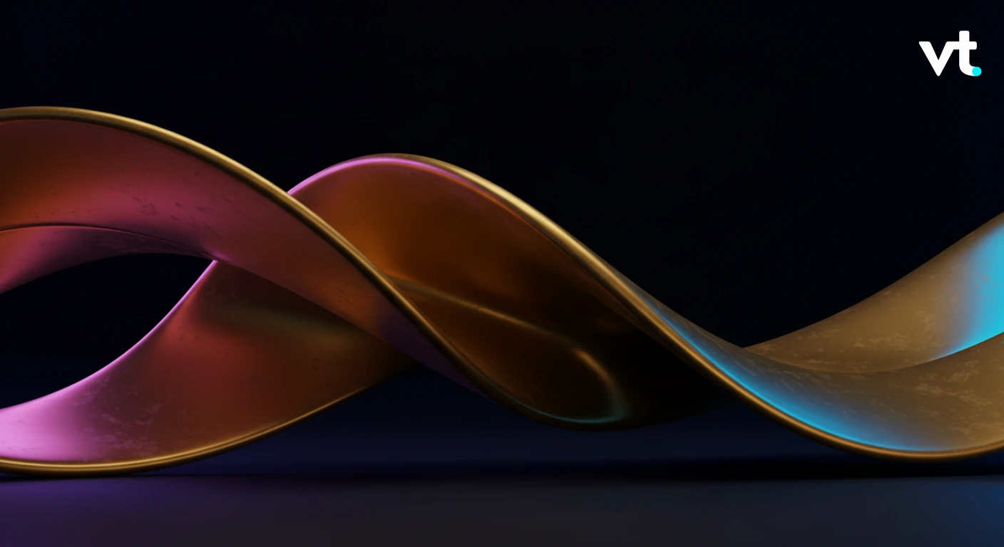 Abstract colorful ribbons twist across a dark background, with a small VT logo in the top-right corner.