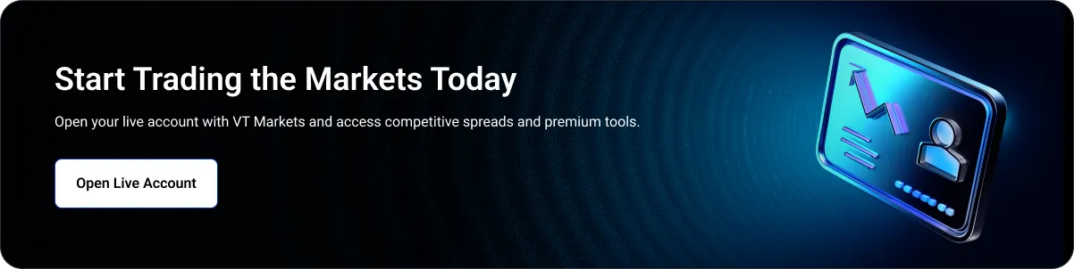 Promotional banner: 'Start Trading the Markets Today' with a glowing trading dashboard on the right and 'Open Live Account' button.