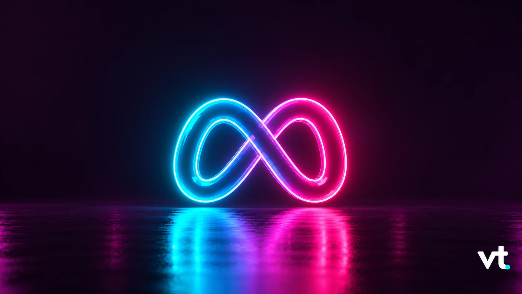 Neon glowing infinity symbol with blue loop on the left and pink loop on the right, reflecting on a dark surface, VT logo in the bottom-right.