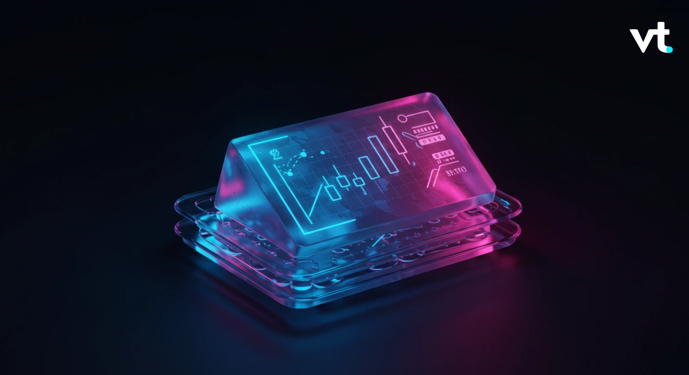 Neon-lit translucent chip resting on clear layers against a dark background, blue and pink glow suggesting futuristic tech hardware with vt logo in corner