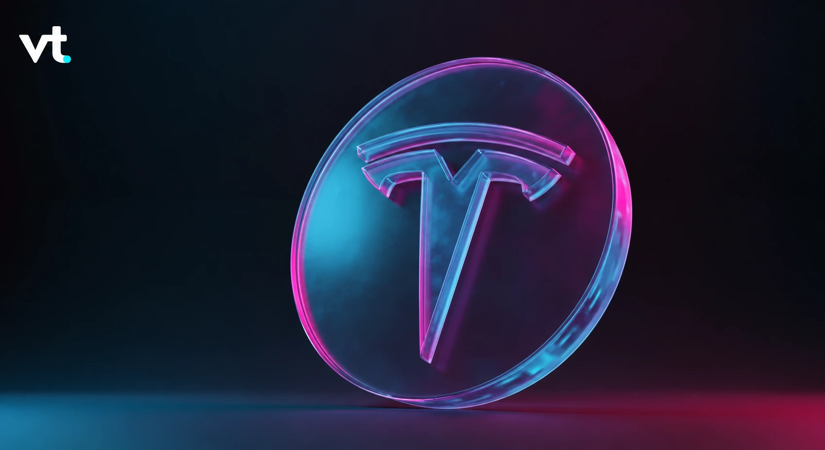 Neon-glass coin with a stylized VT logo in pink and blue tones against a dark gradient background, white VT logo in the top-left corner