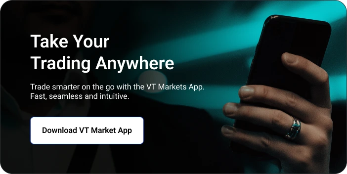 Hero banner promoting the VT Market App with the headline 'Take Your Trading Anywhere' and a hand holding a smartphone.