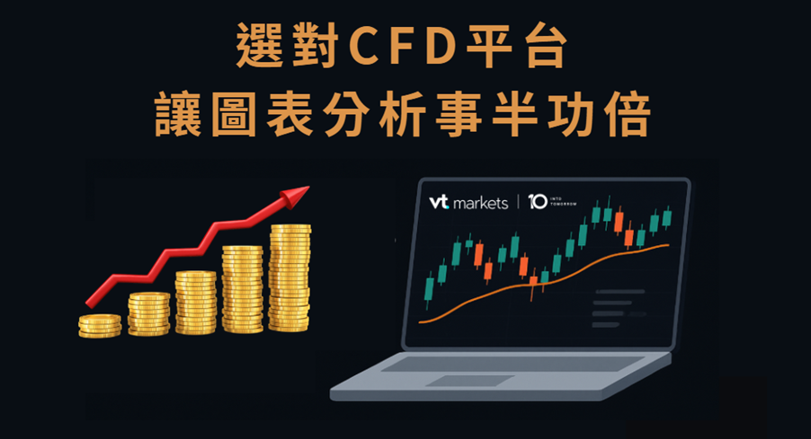 CFD 交易平台圖示搭配向上箭頭與金幣,強調選擇正確平台能提升技術分析效率