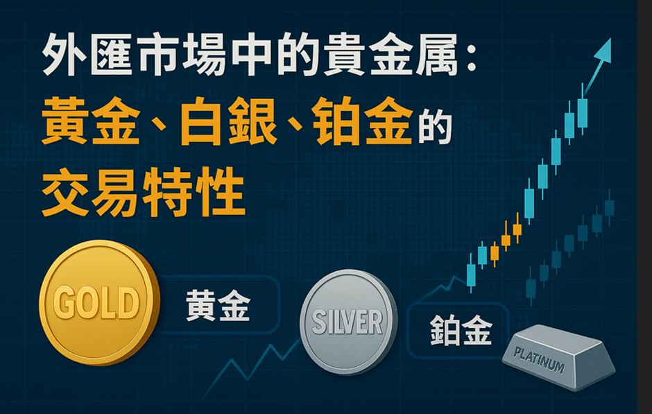 外匯市場中的貴金屬介紹圖,顯示黃金、白銀與鉑金三種資產及其價格上升趨勢。