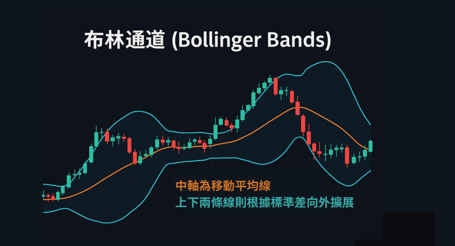 布林通道技術指標圖示,包含上下通道與移動平均線,協助判斷價格波動範圍