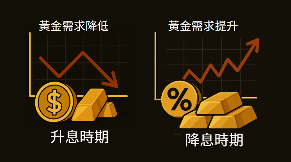 利率變動對黃金需求的影響圖:升息期間金價下跌,降息期間金價上升。