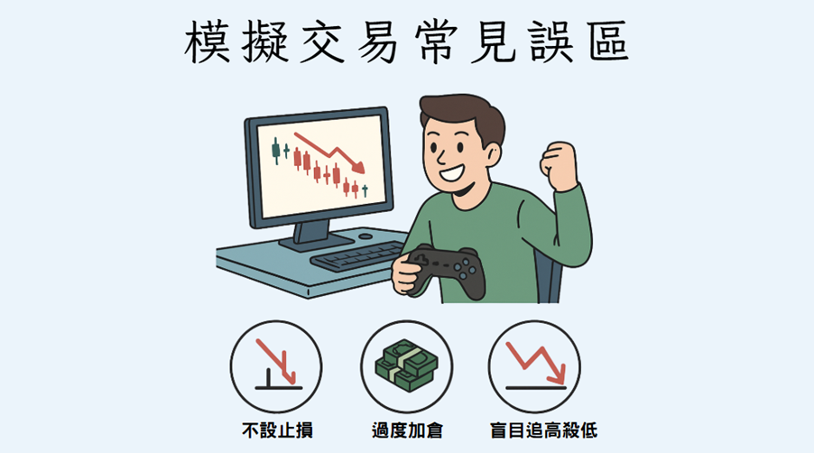 「模擬交易常見誤區」插畫,一位投資者像玩遊戲般操作電腦,底部標示三大錯誤:不設止損、過度加倉、盲目追高殺低。
