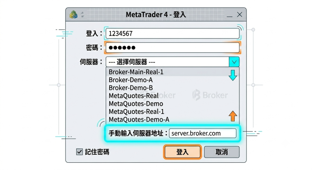 MT4 桌面版登入視窗截圖，顯示伺服器下拉選單中多個可選伺服器名稱以及手動輸入伺服器地址的欄位