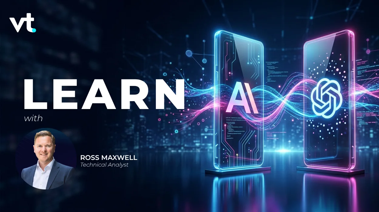 Promotional banner for 'LEARN AI' with Ross Maxwell, Technical Analyst, featuring two neon holographic smartphones and VT logo.