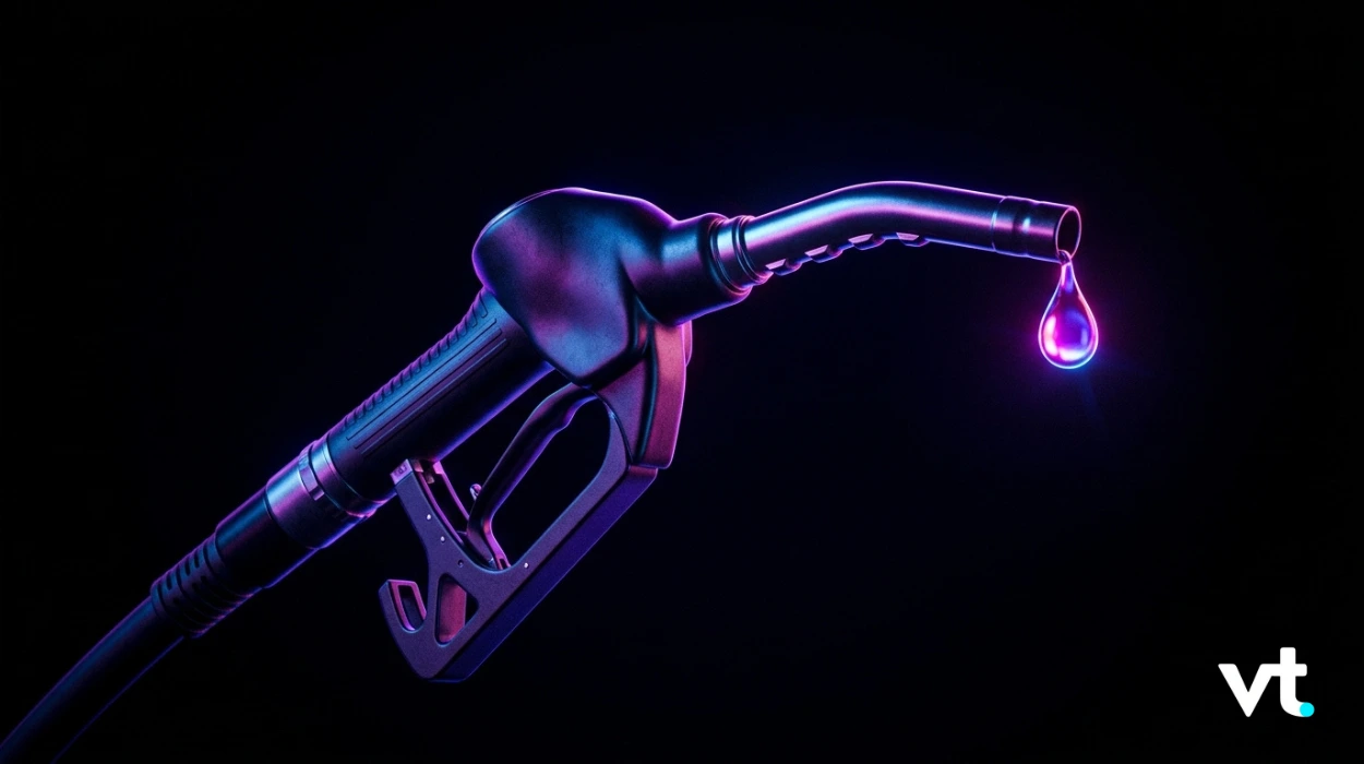 Close-up of a gas pump nozzle with a glowing purple droplet at the tip against a dark background, VT logo in the corner.