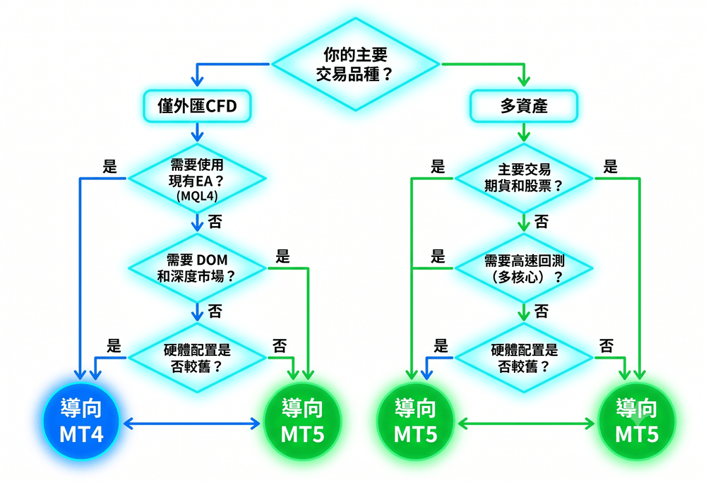 MT4與MT5選擇決策流程圖,根據交易品種、EA使用需求、硬體配置等條件引導至對應平台