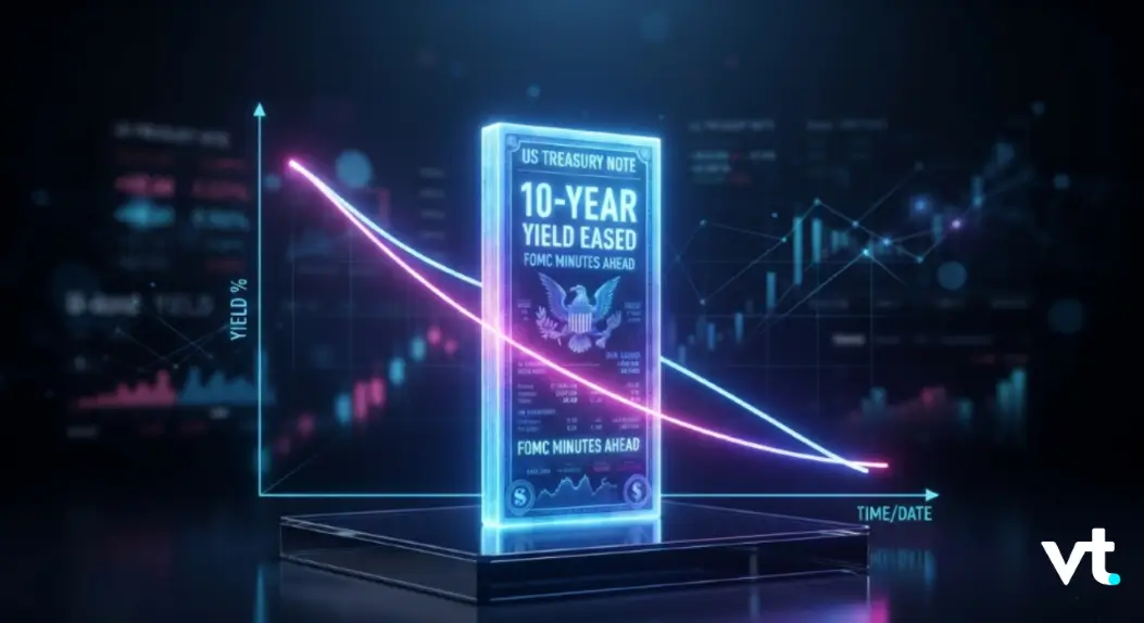 Holographic US Treasury 10-year note with rising and falling yield curves over a futuristic graph backdrop; time axis bottom right, VT logo bottom right.