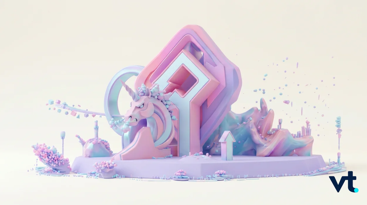 Pastel 3D fantasy sculpture with a unicorn and geometric shapes on a soft platform, VT logo in the bottom right.