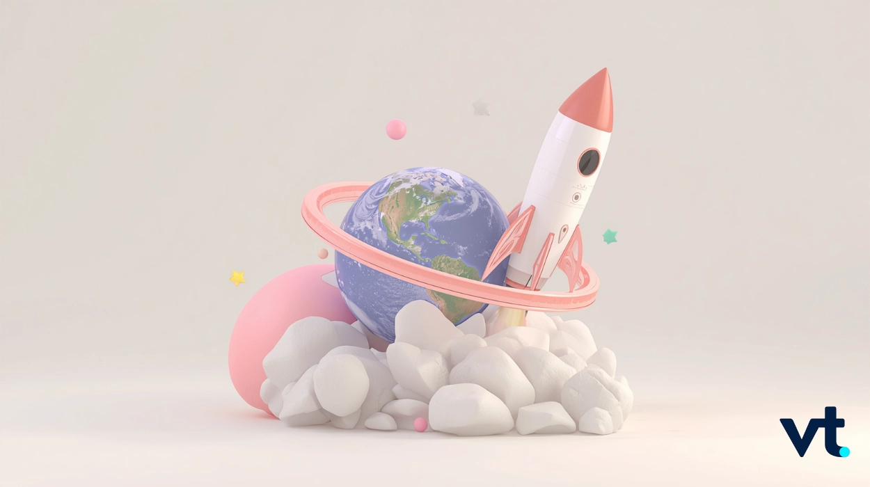 Whimsical space illustration: a rocketOrbiting Earth with a pink ring, perched on white rocks with soft pink and pastel shapes; VT logo in the corner.