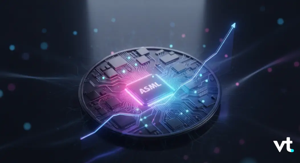 Circular circuit board coin with pink and blue neon glow and 'ASML' at the center, with a rising blue neon line.