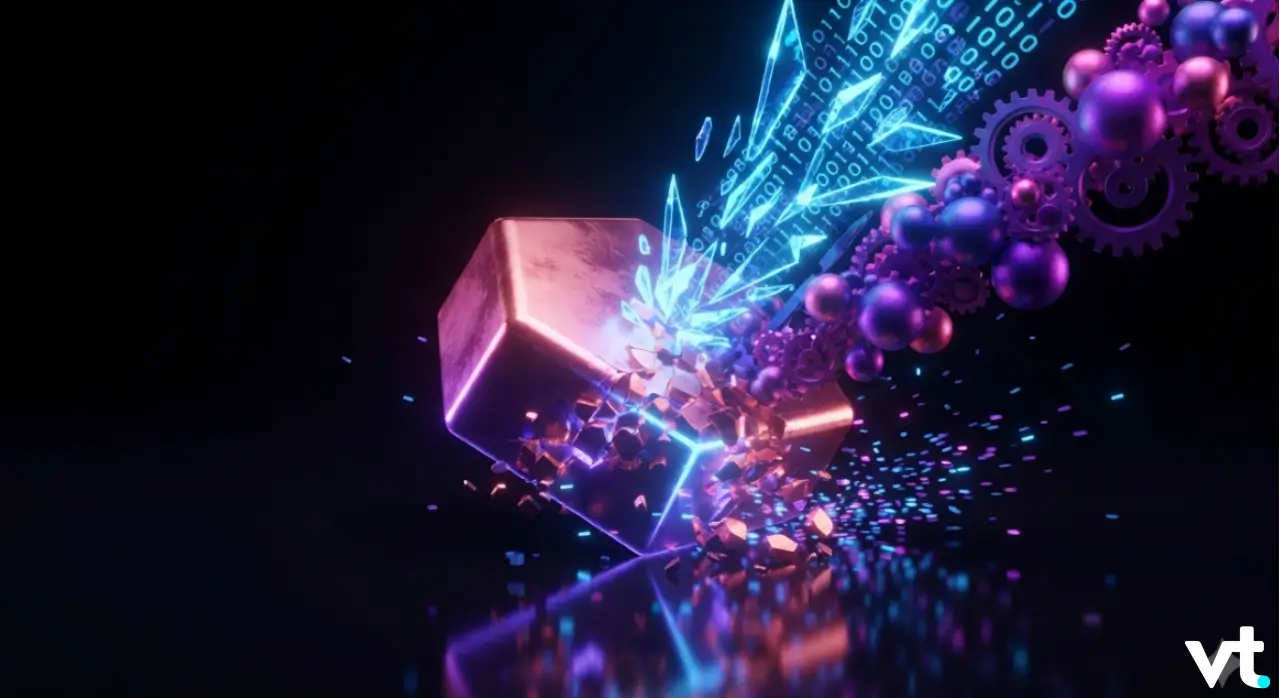 Neon cube breaking apart into shards with blue light, gears and purple spheres on a dark background.