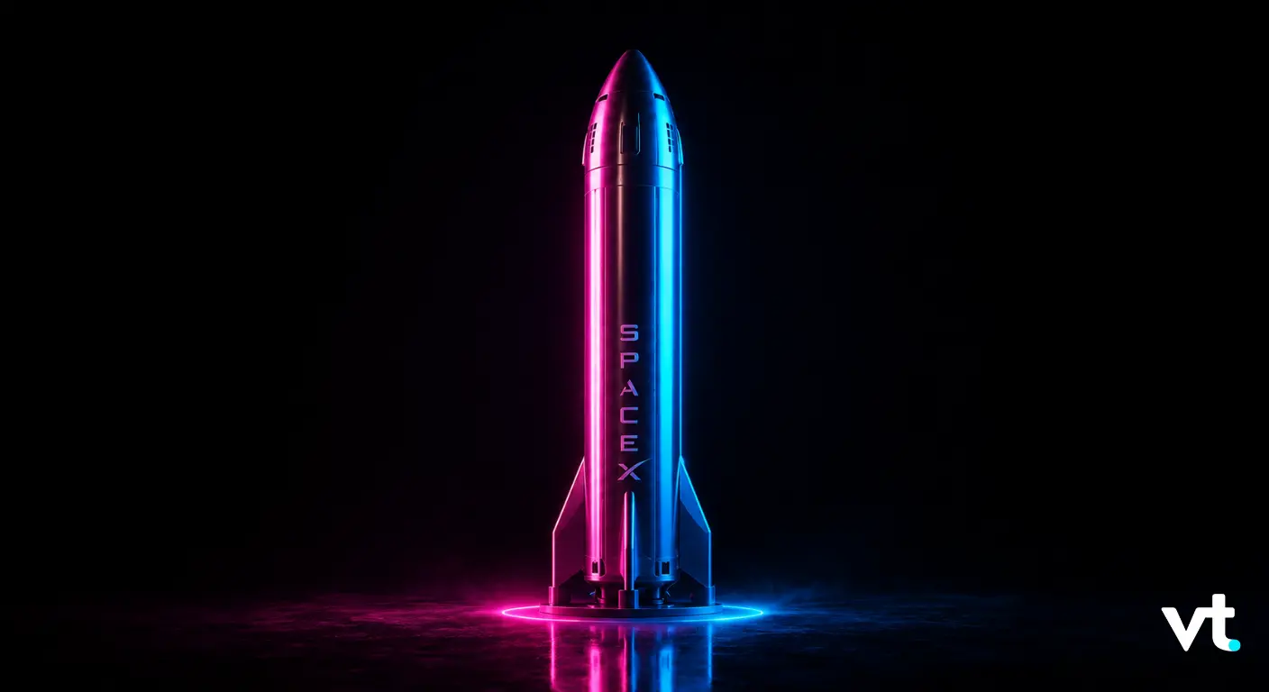 Neon-lit rocket model on a reflective surface in a dark room, pink and blue lights outlining the rocket with vertical SPACEX text and a VT logo in the corner.