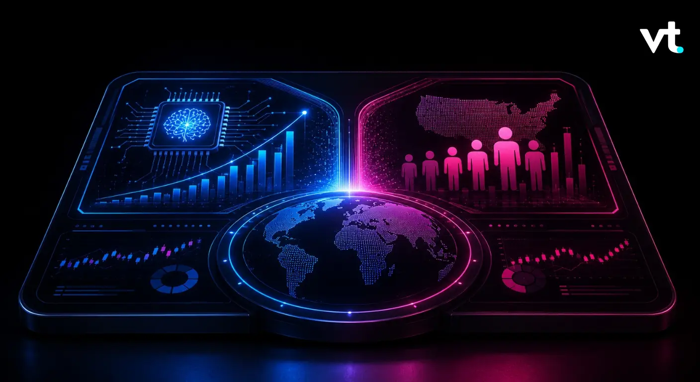 Futuristic holographic dashboard with a glowing globe at center, blue and pink charts, and silhouetted figures.