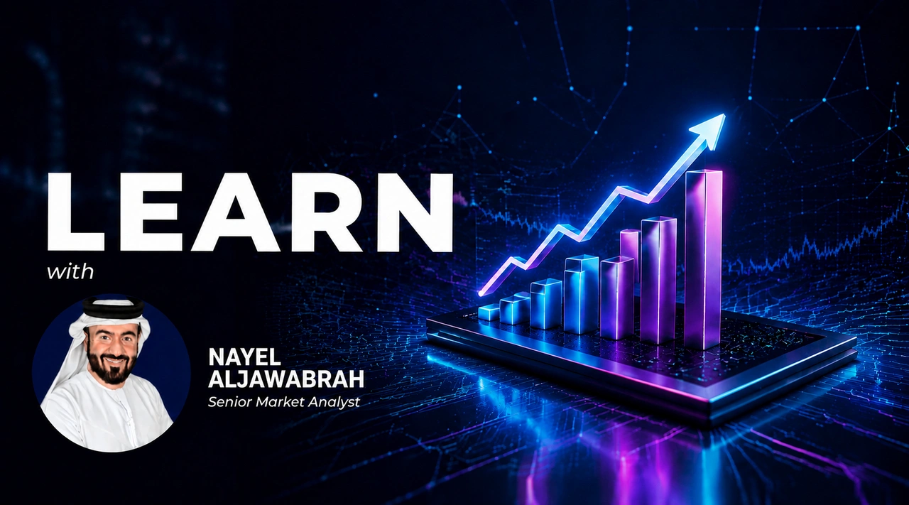Learn with Nayel Aljawabra h, Senior Market Analyst, on a dark banner with a glowing rising-stock chart on a tablet edge.